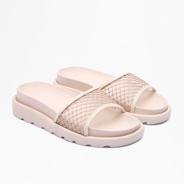 Sporty Mesh Platform Slides - Beige