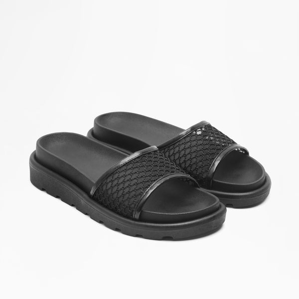 Sporty Mesh Platform Slides - Black