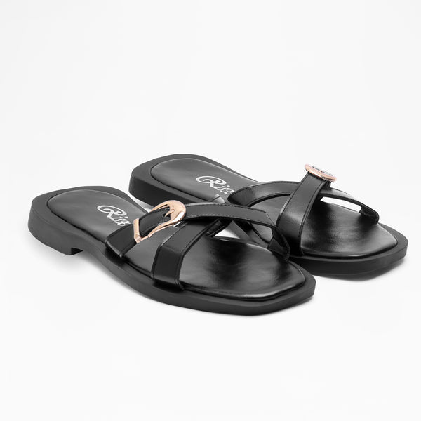 Embossed Texture Open-Toe Flats - Black