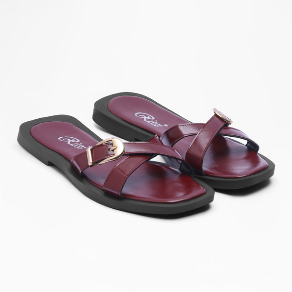 Embossed Texture Open-Toe Flats - Marron