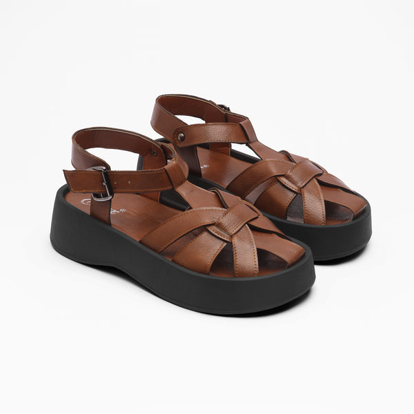 Crisscross Strap Platform Sandals - Camel