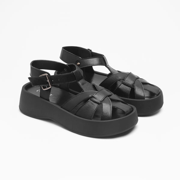 Crisscross Strap Platform Sandals - BLACK