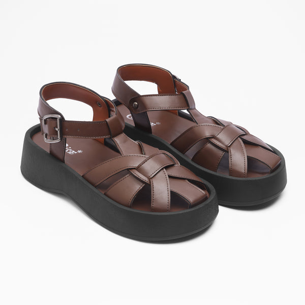 Crisscross Strap Platform Sandals - Brown