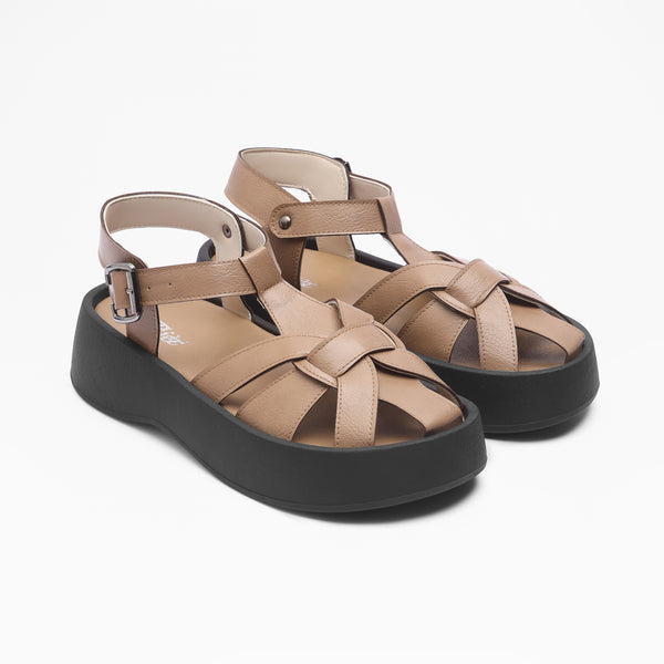 Crisscross Strap Platform Sandals - CAFE