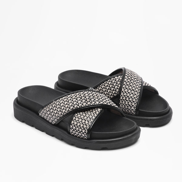 Woven Cross-Strap Slides - Black