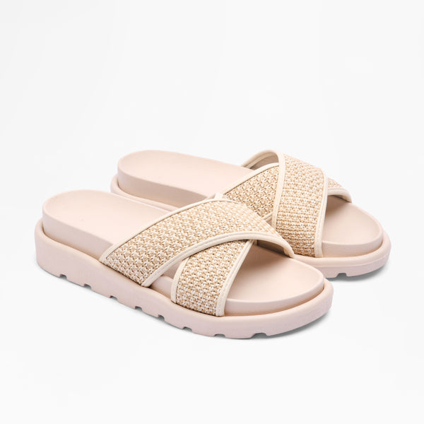 Woven Cross-Strap Slides - Beige