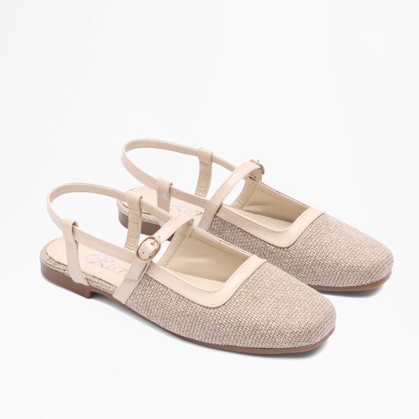 Woven T-Strap Flats - Beige