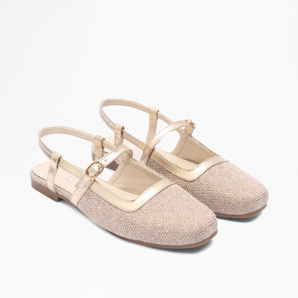 Woven T-Strap Flats - Gold