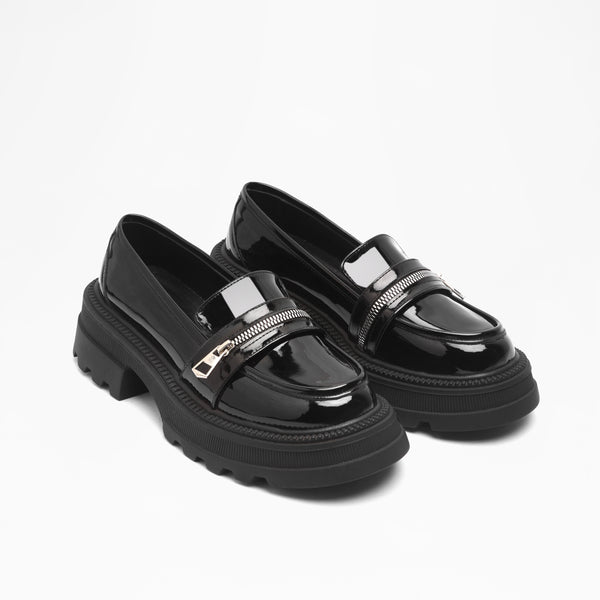 Zipper Detail Platform Loafers - Black