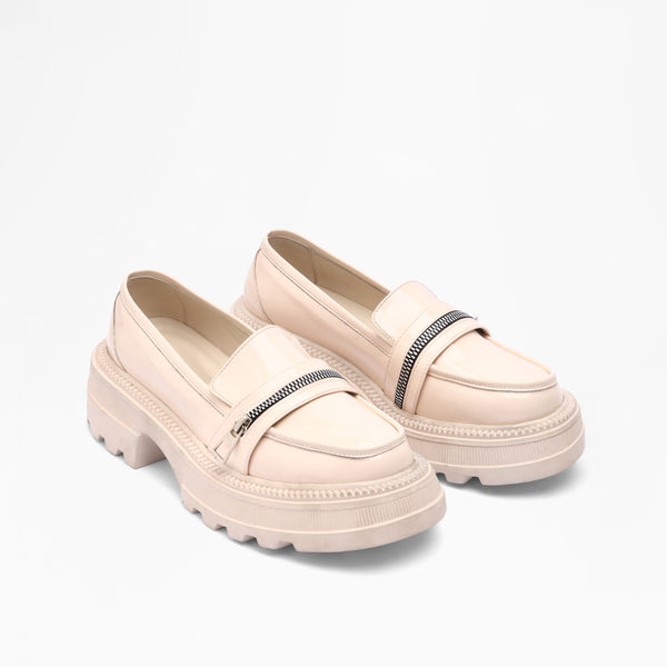 Zipper Detail Platform Loafers - Beige