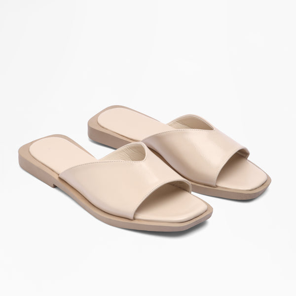 V-Cut Wide Strap Slides - Beige
