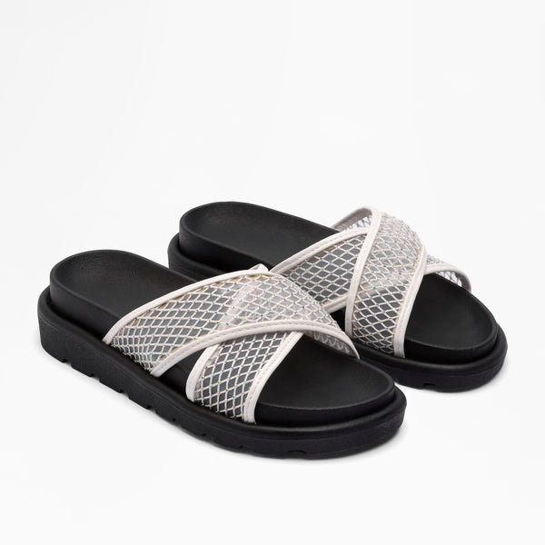 Sparkle Cross-Strap Slides - White
