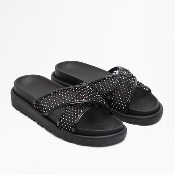 Sparkle Cross-Strap Slides - Black