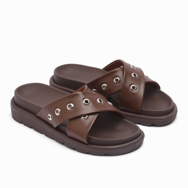Artisan Beaded Multi-Strap Flats - Brown