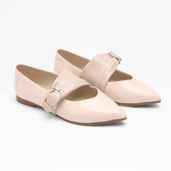 Ankle Strap Buckle Flats - Beige