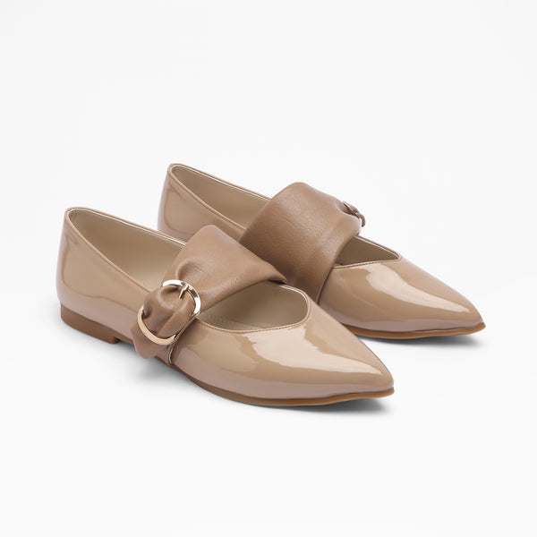 Ankle Strap Buckle Flats - Cafe