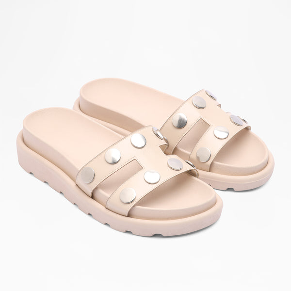 Studded H-Strap Platform Slides - Beige