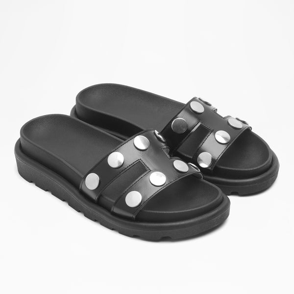 Studded H-Strap Platform Slides - Black