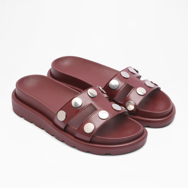 Studded H-Strap Platform Slides - Marron